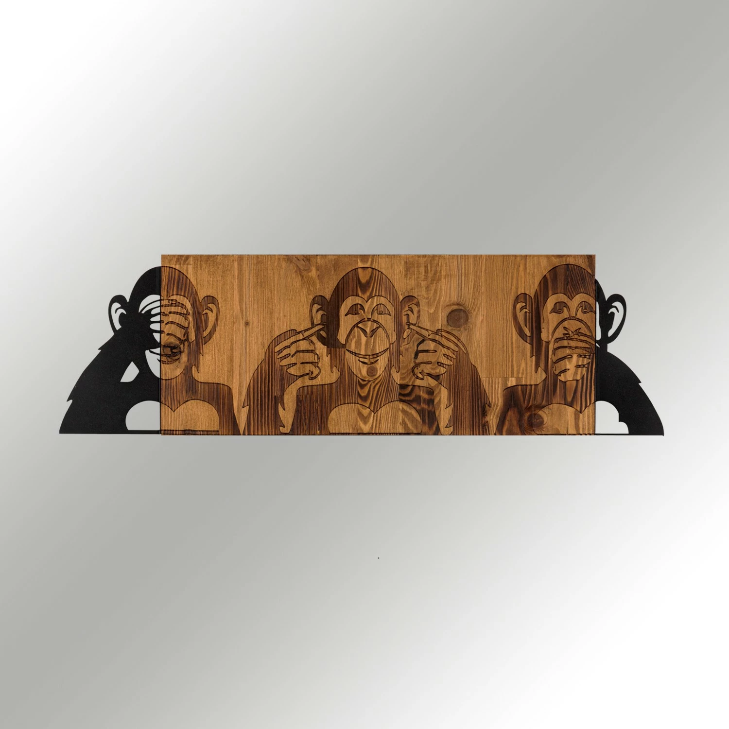 Aksesor dekorativ për mur, dru dhe metal, majmunët 'nuk pashë, nuk dëgjova, nuk di', ngjyrë e zezë dhe arre, 82x58cm