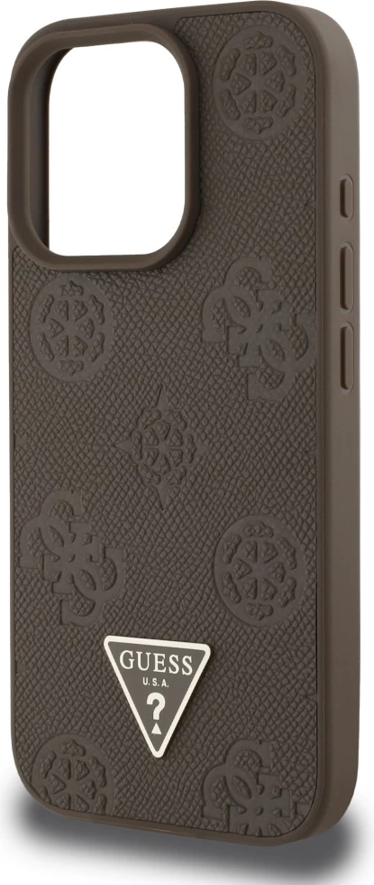 Mbështjellës Guess Grained Hot Stamp Peony Triangle Logo MagSafe për iPhone 16 Pro, Kafe