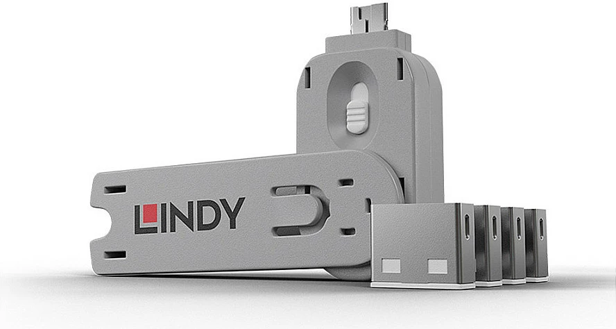 Bllokues porte USB-A LINDY, 4 copë + çelës, i bardhë