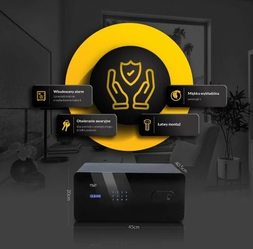 Kasafortë sirtar Adler AD 1044, 17 L, touch panel, kod + fingerprint + çelës emergjent, e zezë, set me 2 çelësa