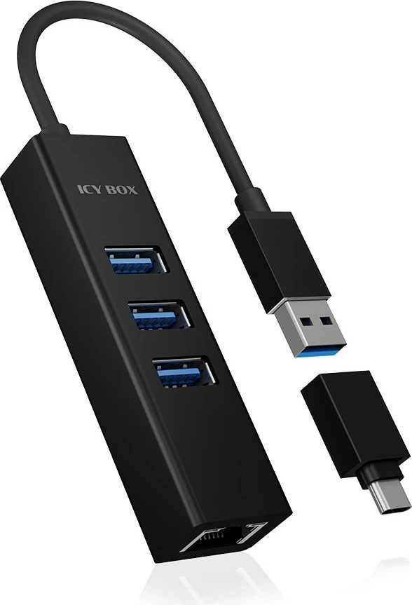 Adapter USB dhe LAN ICY BOX IB-HUB1419-LAN, USB 3.2 Gen 1, 10,100,1000 Mbit/s, i zi