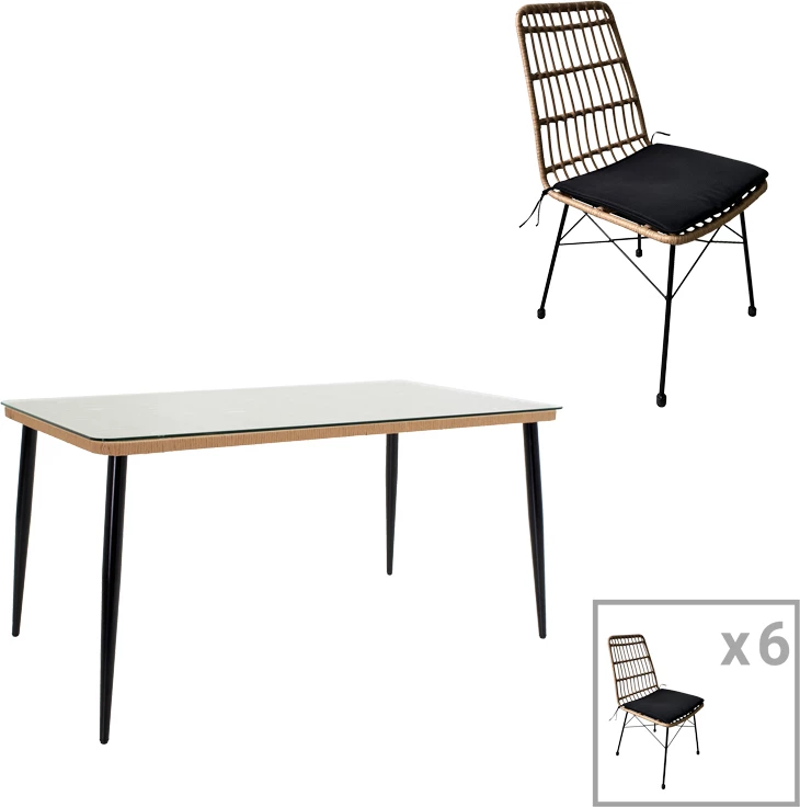 Tavolinë me karrige për terasë Naoki U, rattan pe, ngjyrë natyrale dhe metal i zi, 160x90x78cm