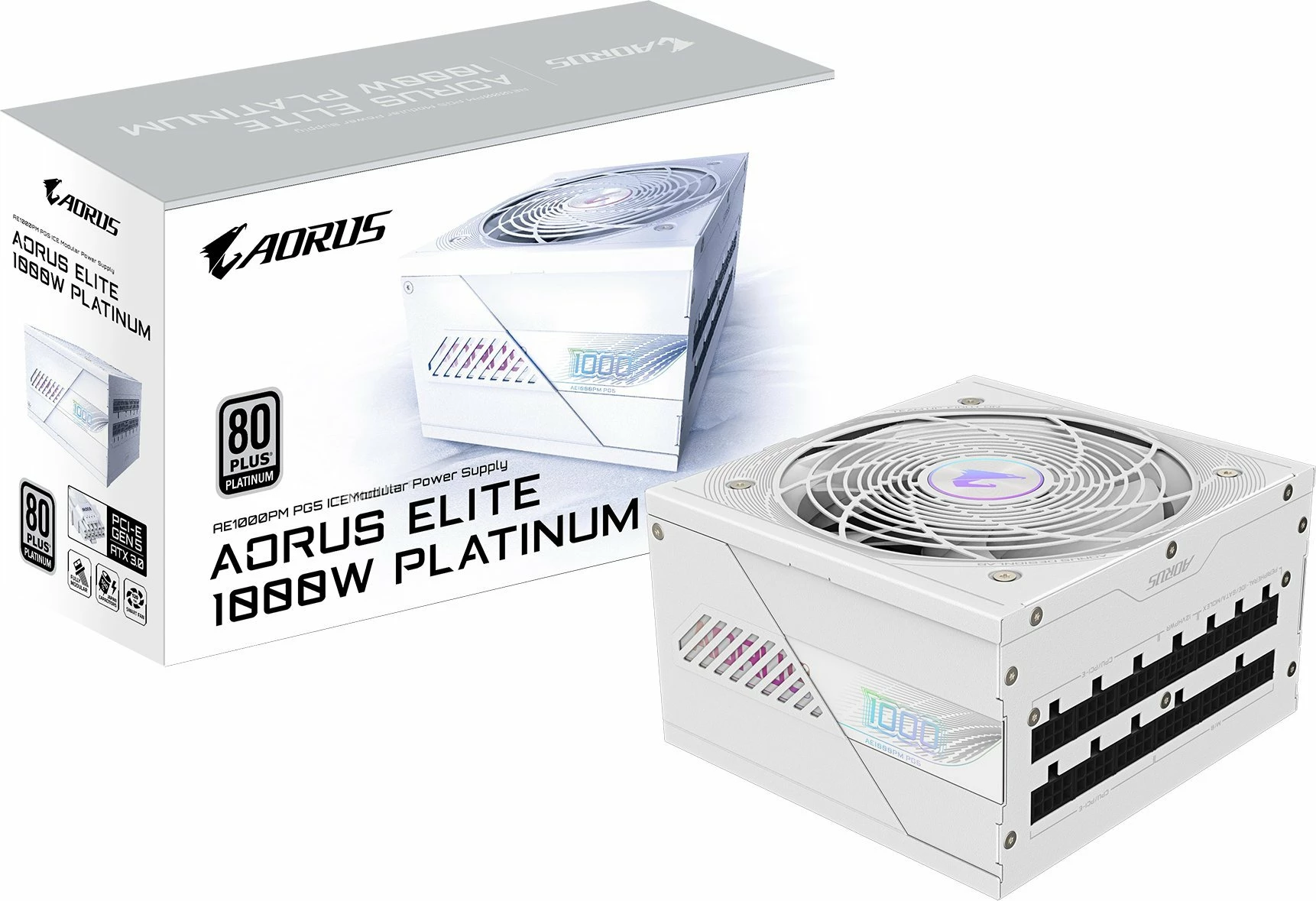 Furnizues rryme Gigabyte AORUS Elite Platinum GP-AE1000PM PG5 ICE 1000W, ATX 3.1, 80 Plus Platinum, fully modular, bardhë