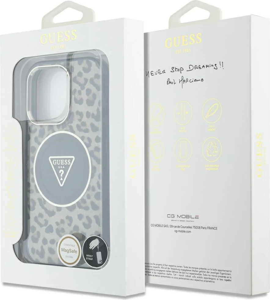 Mbështjellës Guess HC IML Leopard Triangle Cord Strap për iPhone 16 Pro Max, MagSafe, Kafe