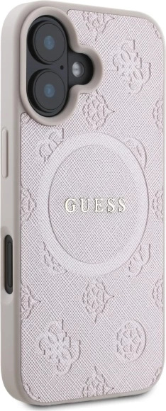 Mbështjellës Guess Saffiano Peony Classic Logo MagSafe për iPhone 16, Rozë