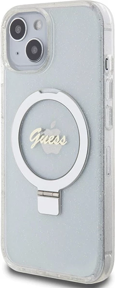 Mbështjellës Guess Ring Stand Script Glitter MagSafe për iPhone 15/14/13, transparent