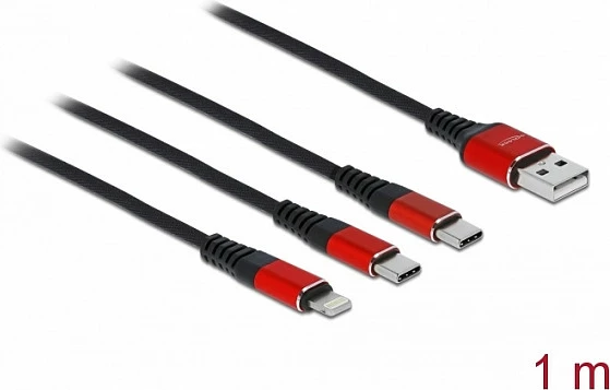 Kabllo karikimi DeLOCK 3-në-1 USB-A në Lightning + 2x USB-C, 1 m, USB 2.0, 3A, zi/kuqe