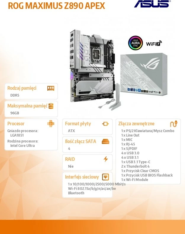 Pllakë amë, Asus ROG Maximus Z890 Apex, LGA1851, Intel Z890, ATX, 2x DDR5, PCIe 5.0 x16, Thunderbolt 4, Wi‑Fi 7, argjendtë gri