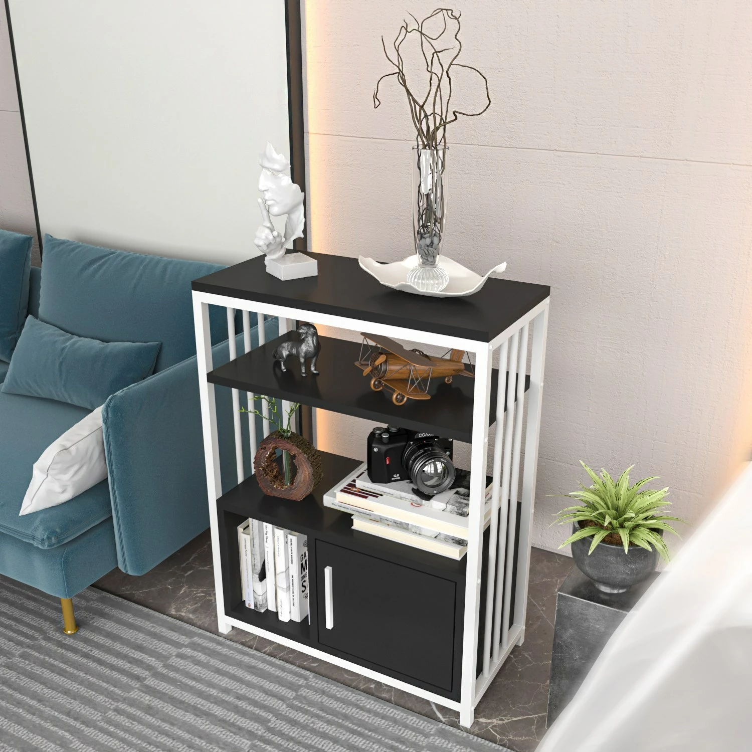 Raft librash Skye Decor, ngjyrë antracit dhe e bardhë