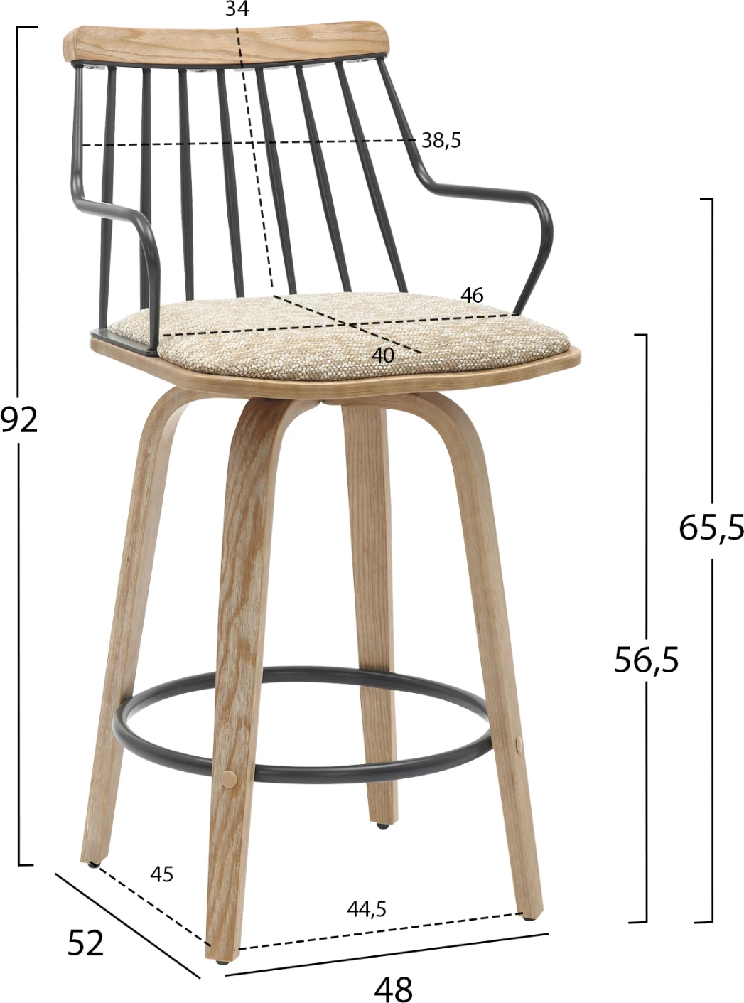 Karrige për bar JUDI FH9985.01, dru i përpunuar ngjyrë e bardhë e zbehtë-metal i zi-pëlhurë bezhë, 48x52x92H cm
