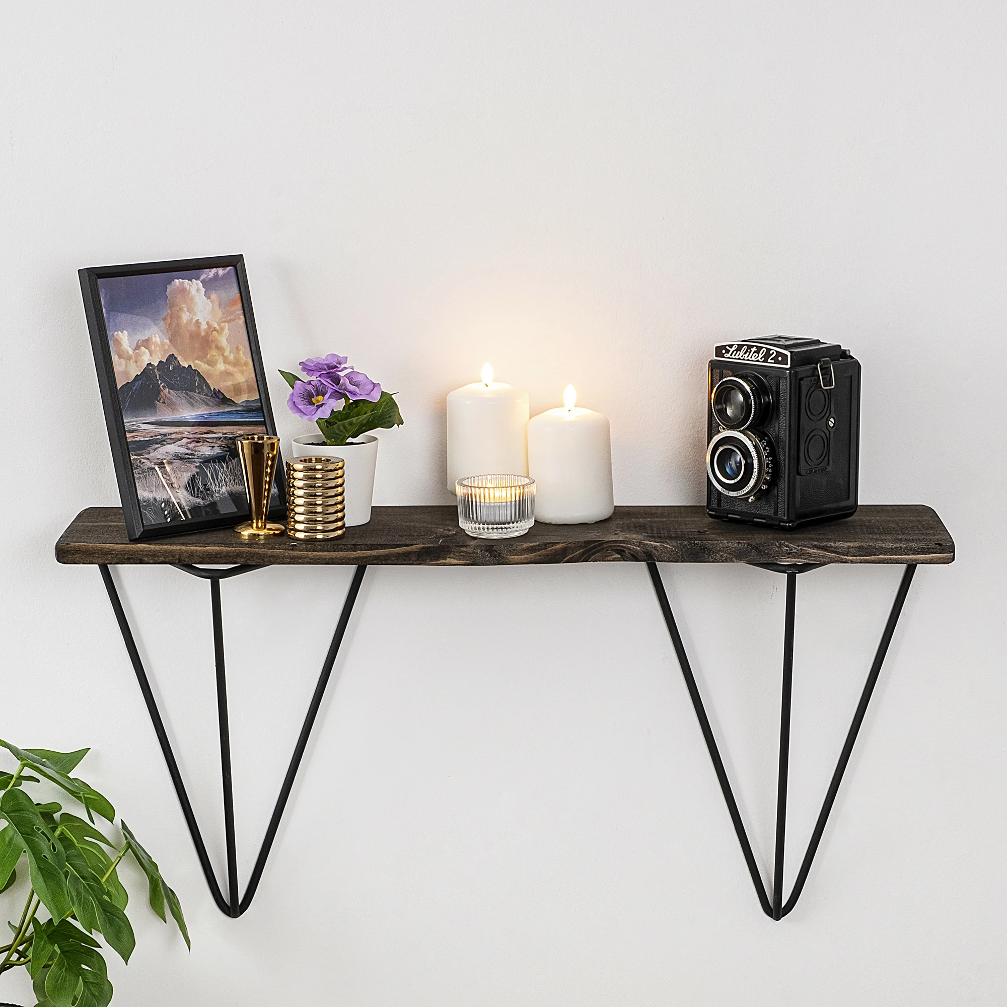 Raft muri industrial, dru bredhi, kornizë metalike, ngjyrë e zezë dhe arre e errët, Gladiolus, 60x30x15cm