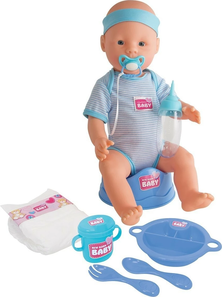 Kukull bebe Simba New Born Baby NBB Boy 43 cm, me funksion pi dhe urinon, 8 aksesorë, blu
