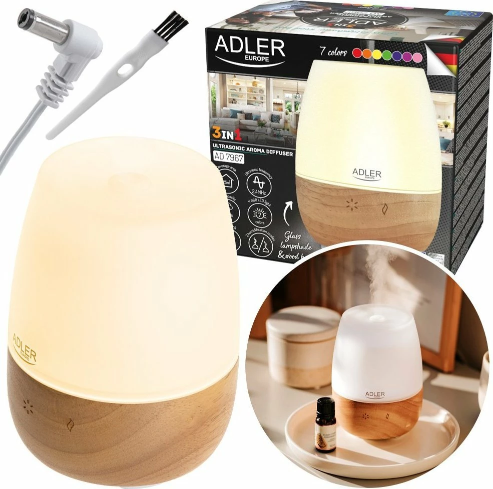 Difuzor aromash ultrasonik Adler AD 7967 3-në-1, 130 ml, 12 W, kafe e çelët, set me brushë pastrimi
