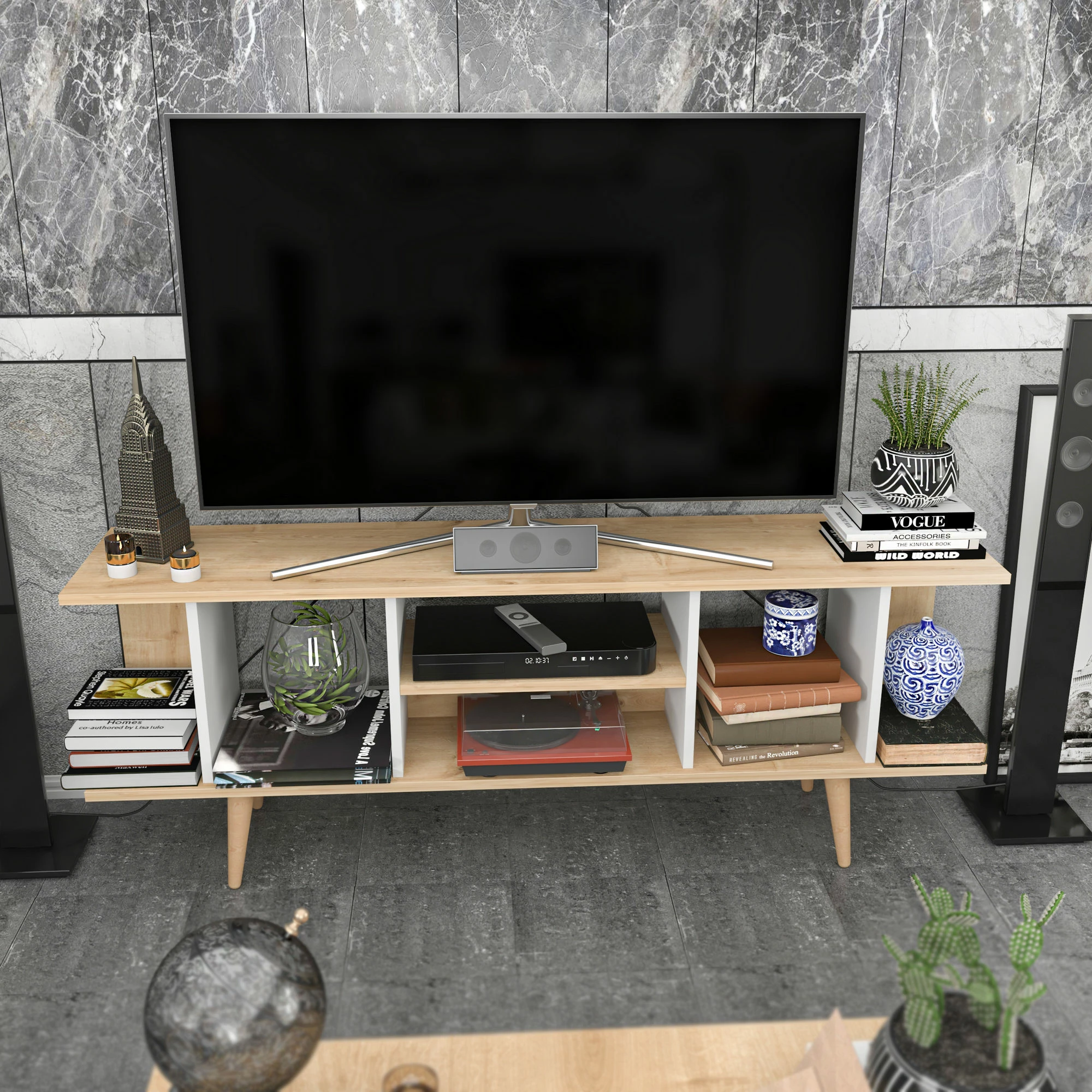 Komodinë TV Skye Decor, ngjyrë safir dhe e bardhë