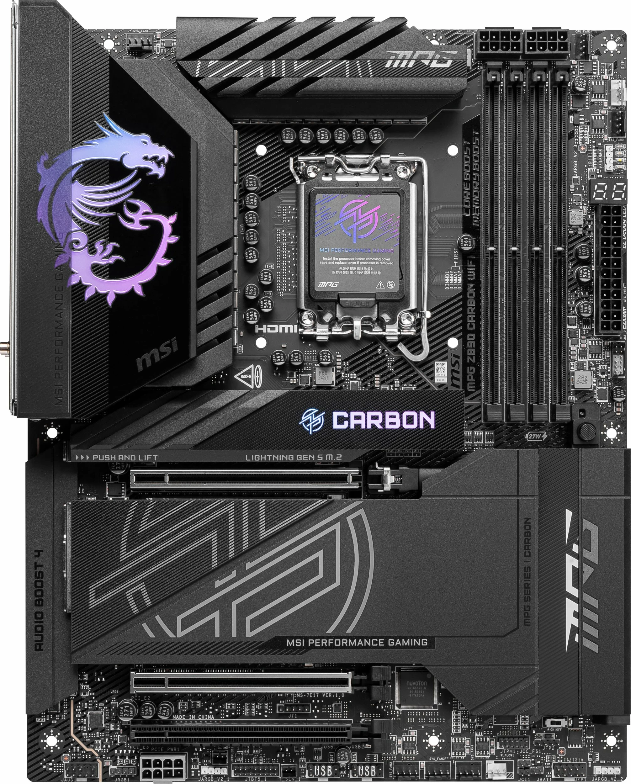 Pllakë amë MSI MPG Z890 CARBON WIFI, ATX, DDR5, Wi‑Fi 7, PCIe 5.0, e zezë, set me antenë WiFi + 2x kabllo SATA + pendrive