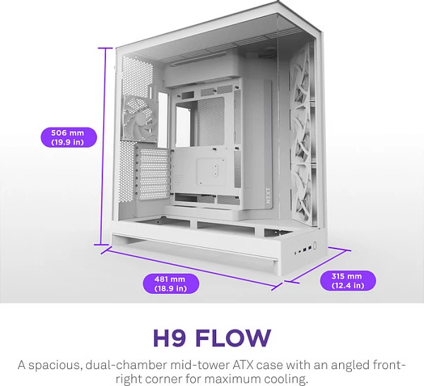 Kasë NZXT H9 Flow, Midi Tower, ATX/EATX/micro ATX/Mini-ITX, tempered glass, mesh, e bardhë