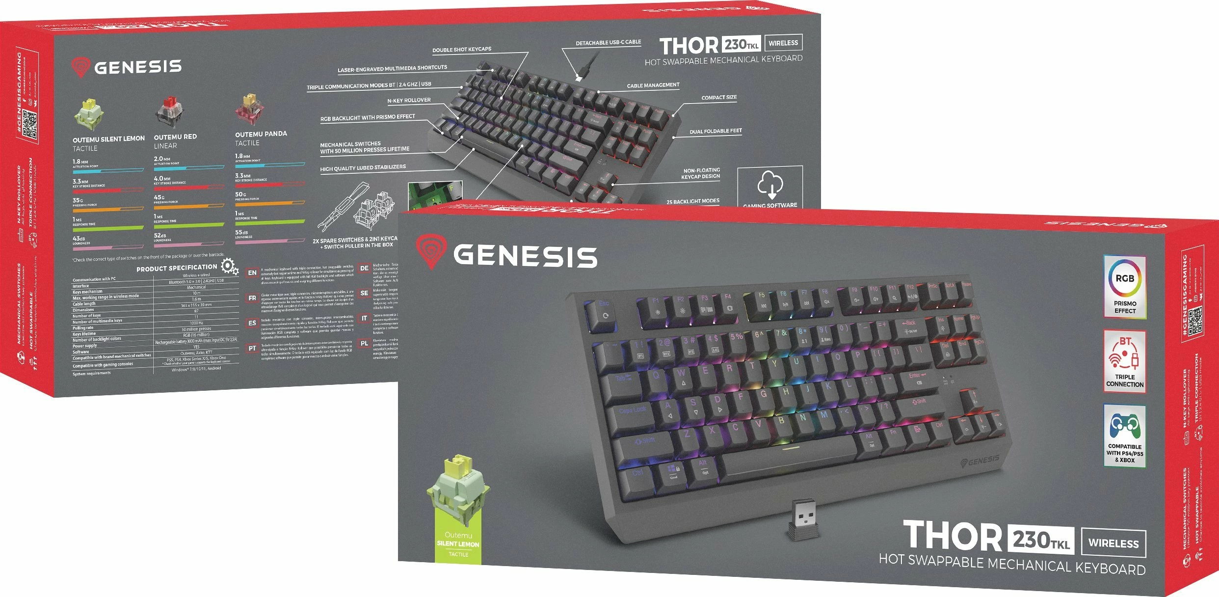 Tastierë mekanike gaming GENESIS Thor 230 TKL Wireless, Outemu Silent Lemon, RGB, hot-swap, US layout, e zezë