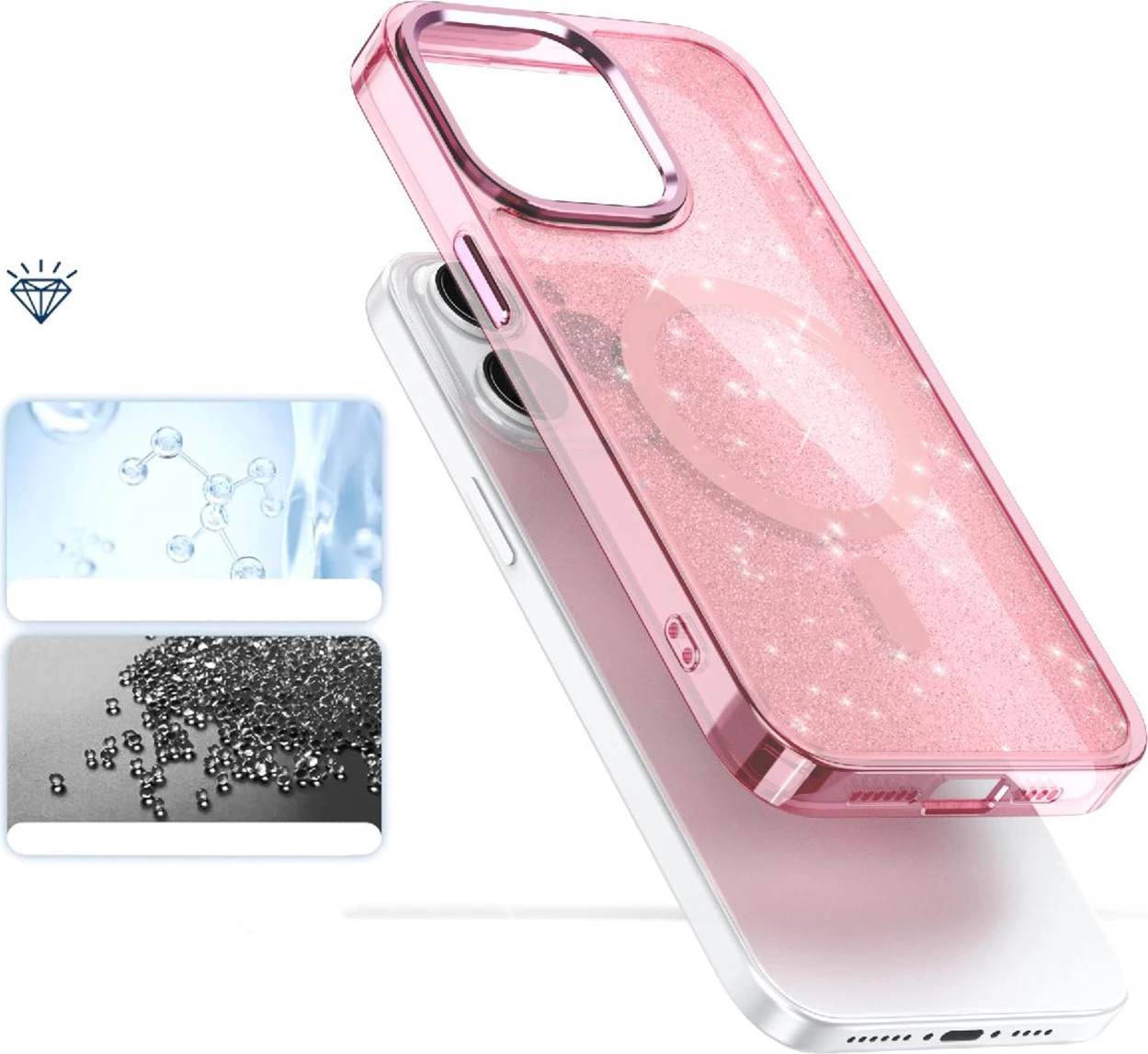 Mbështjellës Hurtel Glitter Case MagSafe për iPhone 16 Pro Max, rozë me shkëlqim