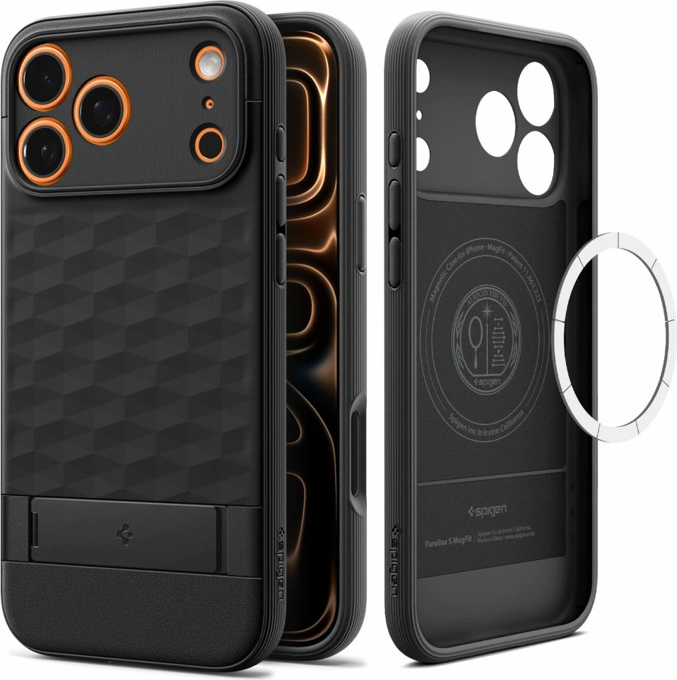 Mbështjellës, Spigen, Parallax "S" MagSafe për iPhone 17 Pro Max, TPU, me stand të palosshëm, e zezë mat