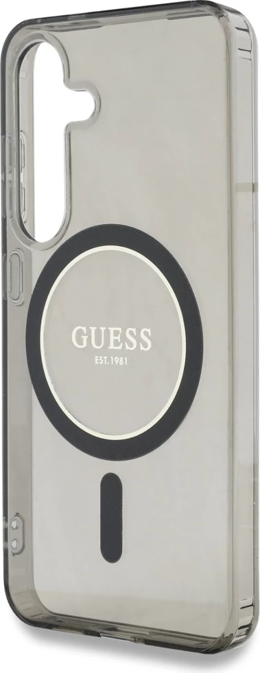 Mbështjellës Guess Glitter Circle Classic Logo MagSafe për Samsung Galaxy S25, zi