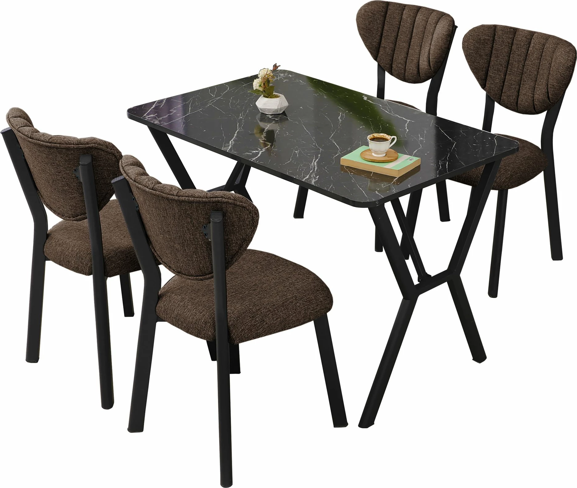 Tavolinë me karrige për ngrënie, set 5 pjesësh, Skye Decor, elma, kafe, e zezë