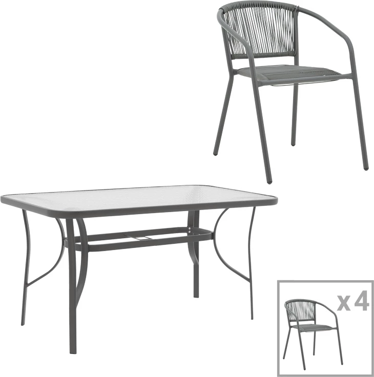 Tavolinë me karrige Ensure-Lindaria, metal-xham, ngjyrë anthracite, 5 copë, 140x80x70cm