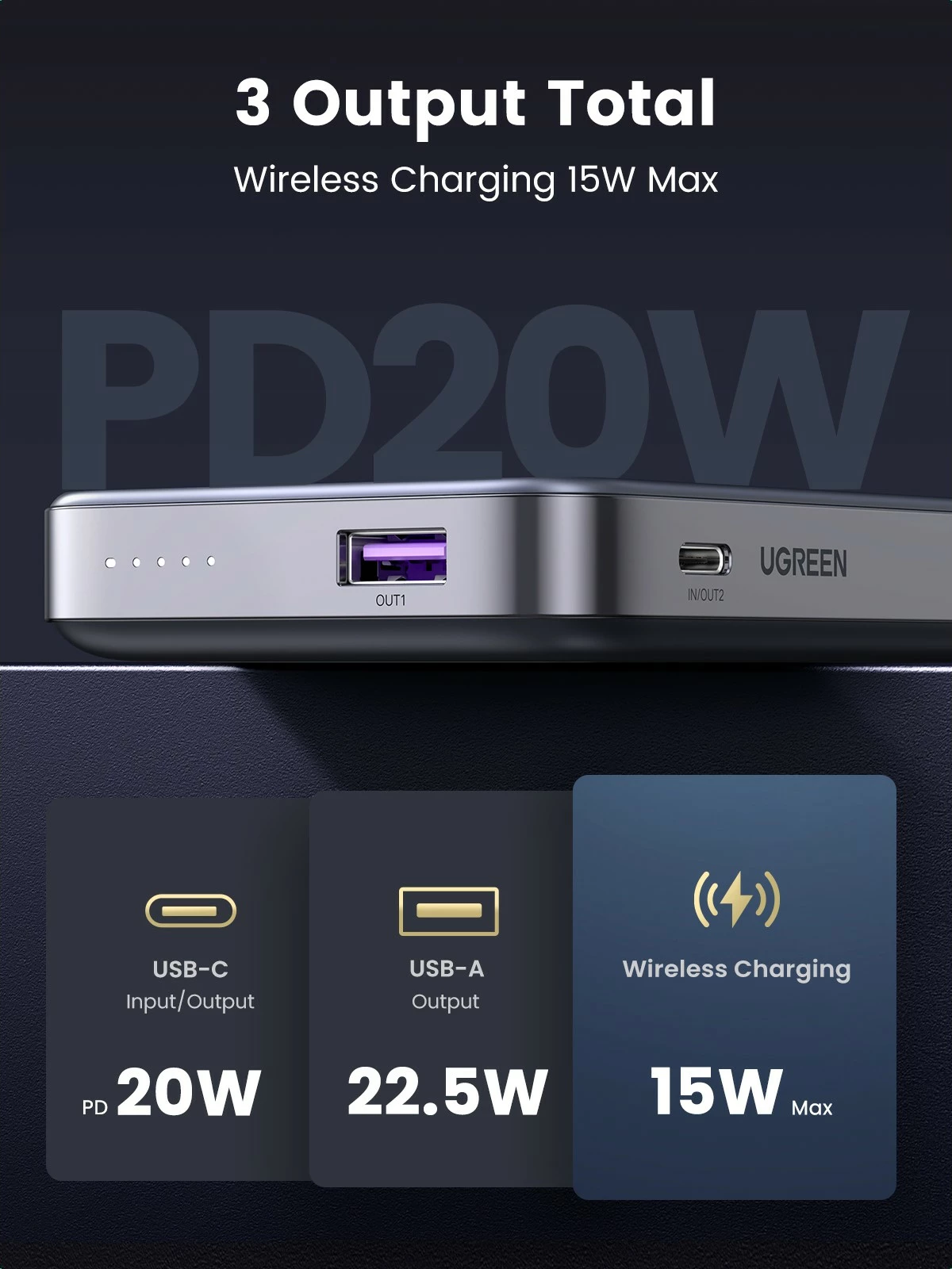Powerbank Ugreen 10000mAh Mini Wireless 20W me MagSafe, gri