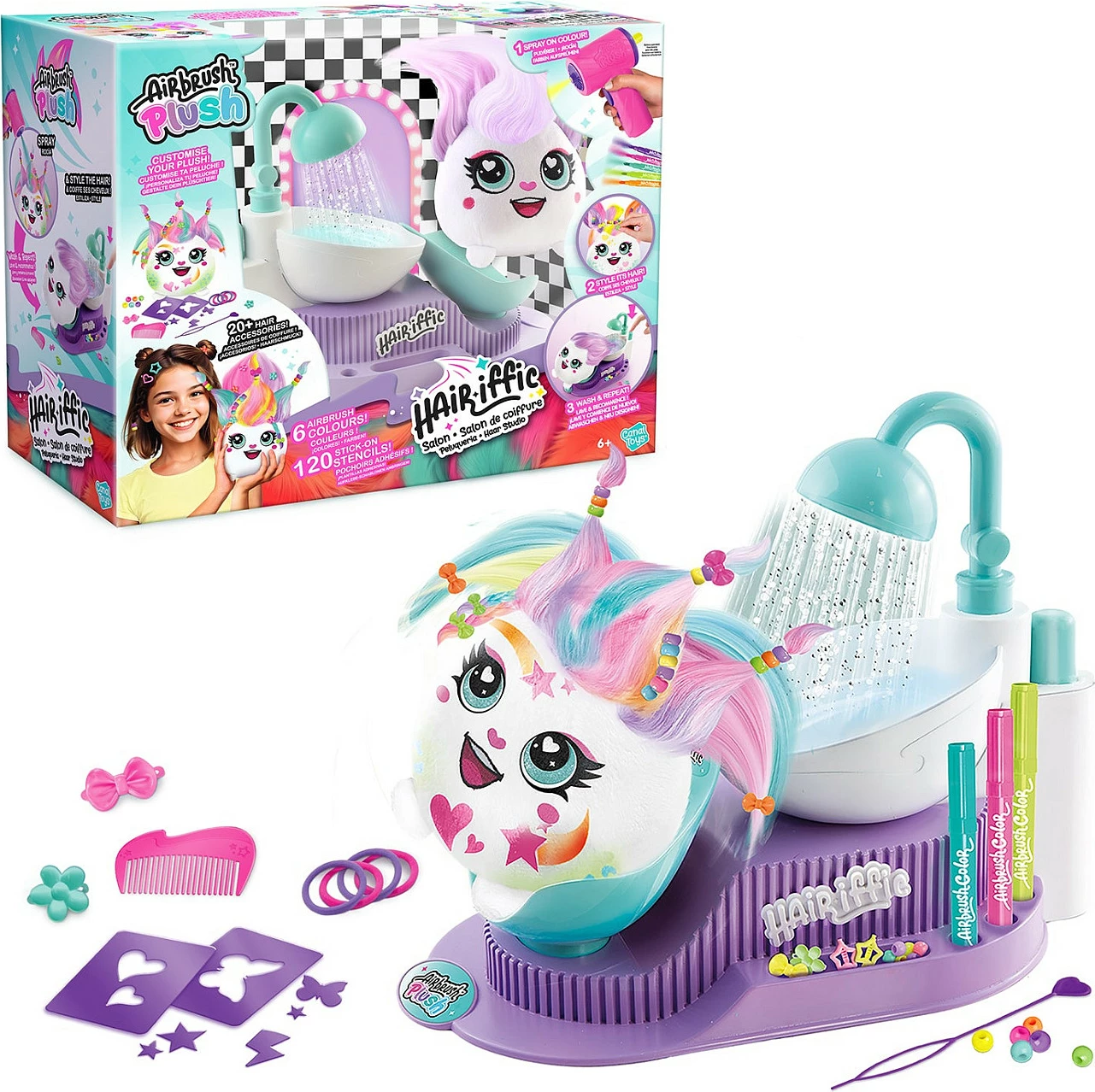 Set lodër sallon stilimi flokësh Canal Toys Airbrush Plush AIR 044, 148 pjesë, për fëmijë 6+, shumëngjyrësh