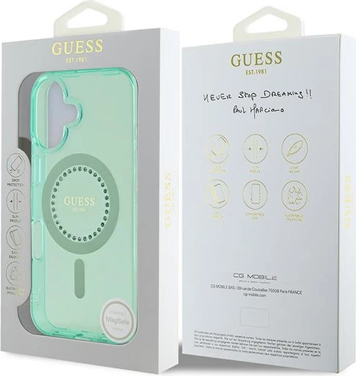 Mbështjellës Guess MagSafe për iPhone 16 Plus, i gjelbër, me rhinestones