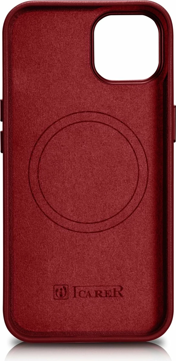 Mbështjellës iCarer për iPhone 14 Plus, lëkurë natyrale, MagSafe, Kuq