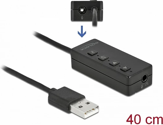 Adapter USB DeLOCK për kufje dhe mikrofon, USB-A në 2x 3.5mm, 0.4 m, i zi