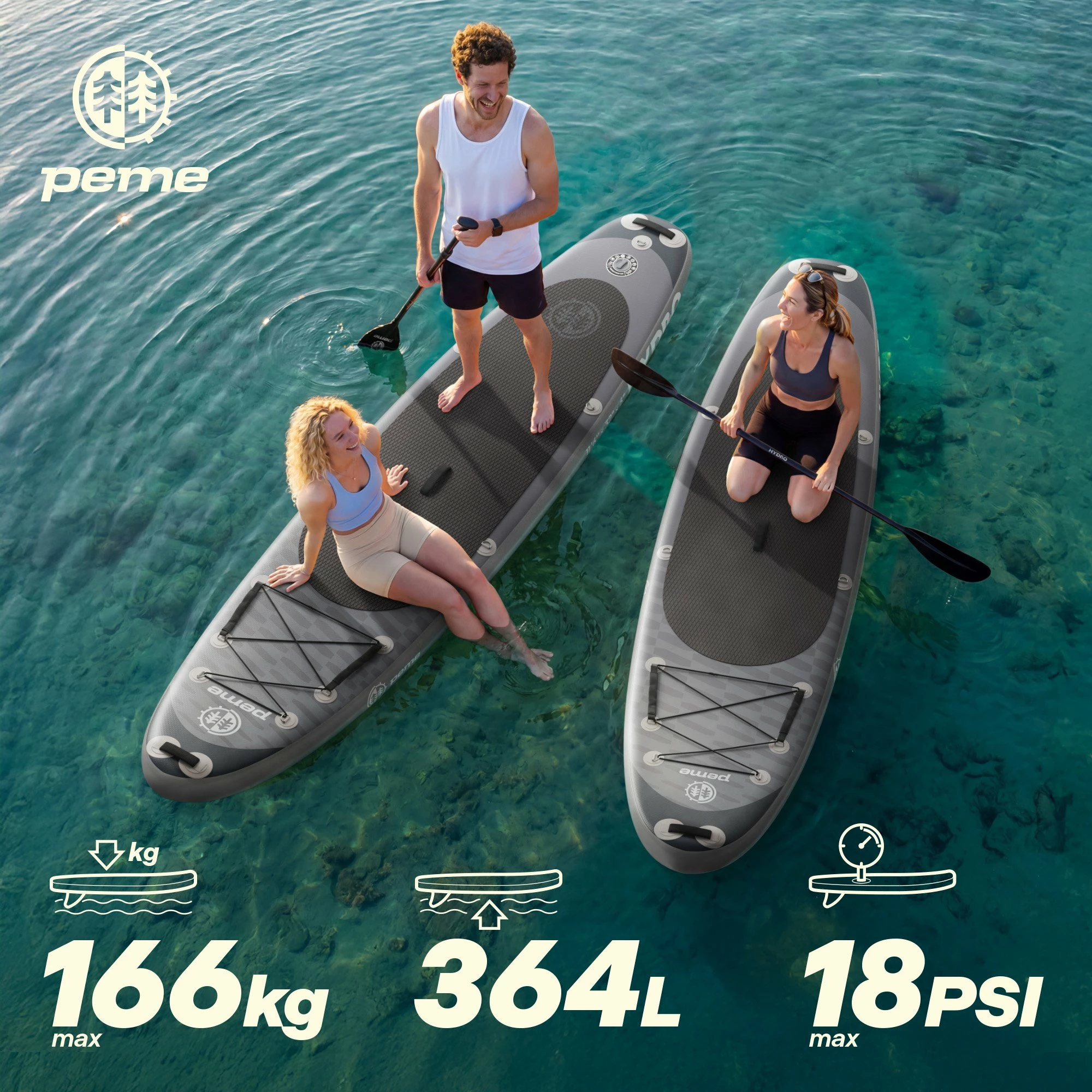 Dërrasë SUP me fryrje Peme Hydro 350x81x15 cm, kapacitet 166 kg, set aksesorësh, gri