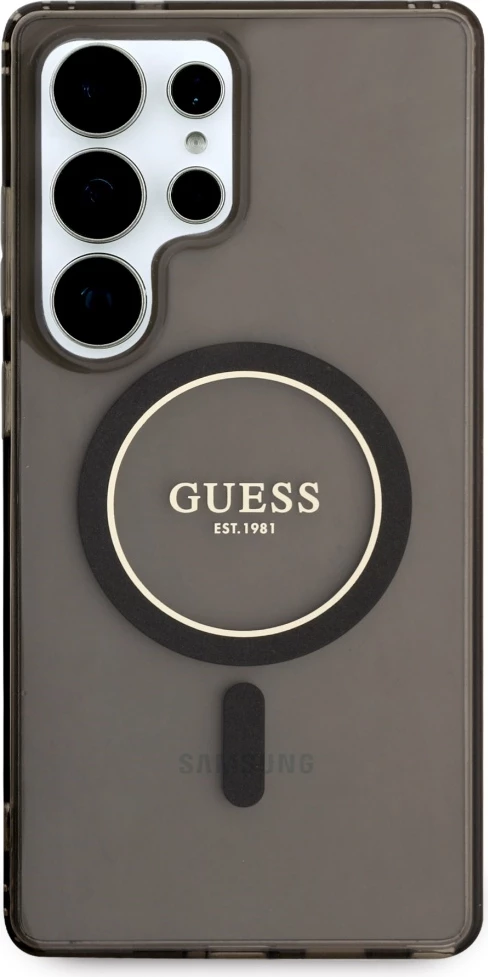 Mbështjellës Guess Glitter Circle Classic Logo MagSafe për Samsung Galaxy S25 Ultra, zi