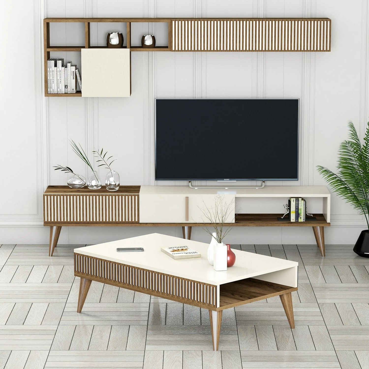 Set mobiljesh për dhomë dite, Hanah Home, Milan Set 482, ngjyrë arrë dhe krem