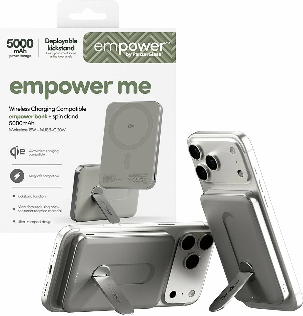 Powerbank PanzerGlass Bank Spin Stand 5000mAh Qi2 USB-C gri
