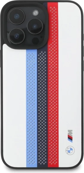 Mbështjellës BMW M Performance Tricolor Stripes për iPhone 16 Pro Max, MagSafe, i bardhë
