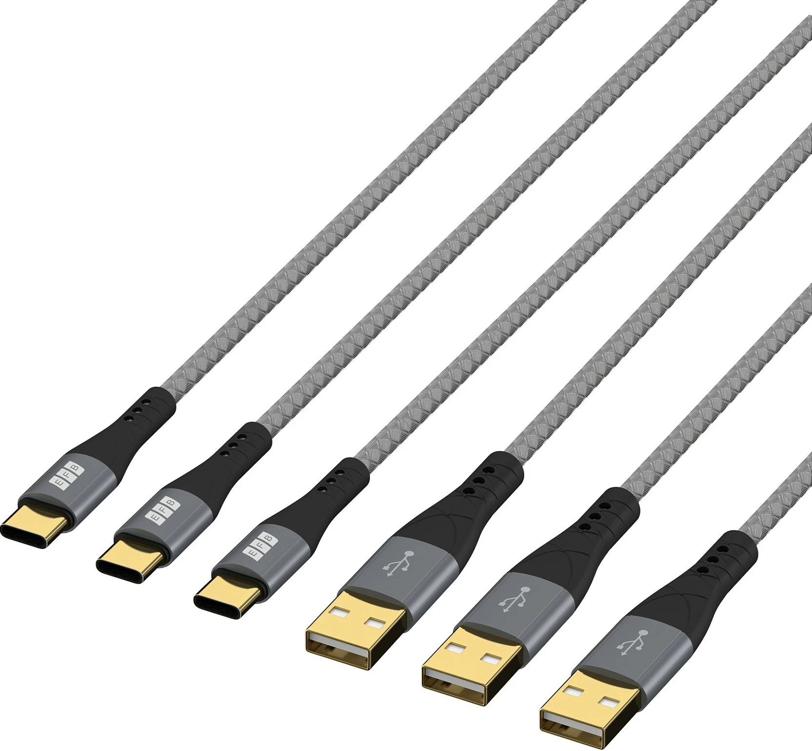 Set kabllo karikimi EFB Elektronik USB-AC-00008, USB-A në USB-C, 3x2m, USB 2.0, PD 60W, zi/gri
