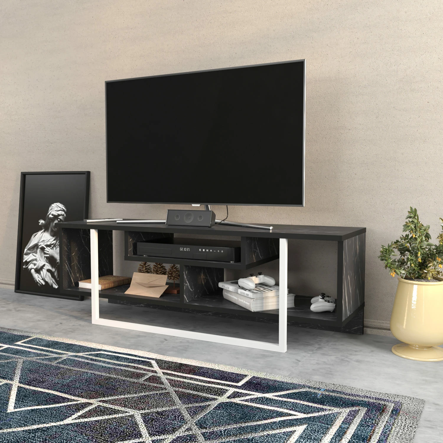 Komodinë TV Skye Decor, Asal 120, e zezë dhe e bardhë