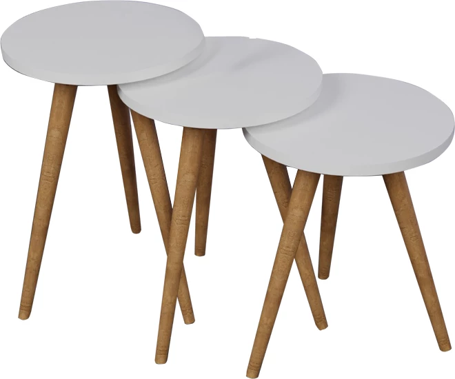 Tavolina anësore Perjene set prej 3 copash melaminë, ngjyrë e bardhë dhe këmbë druri