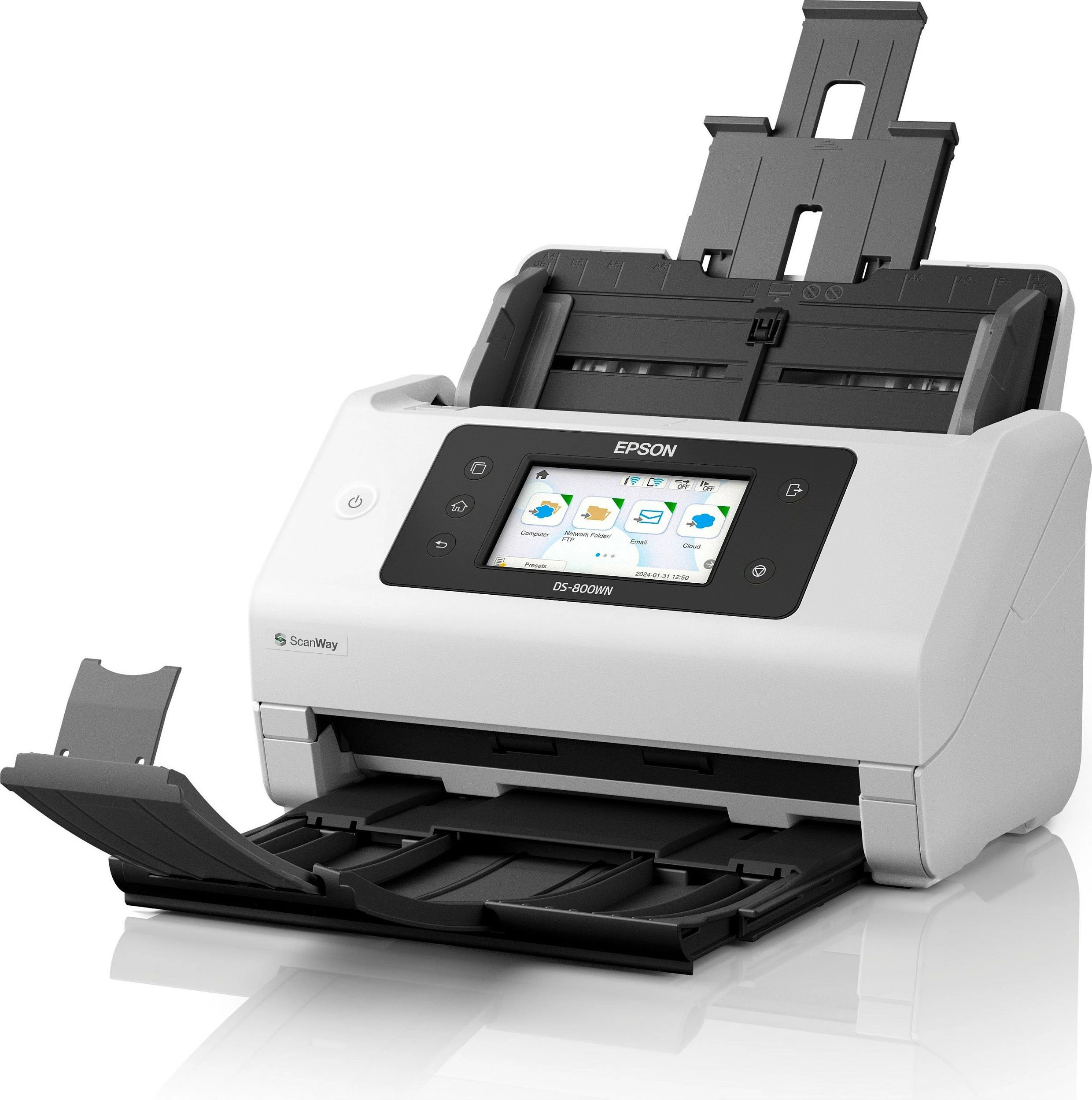 Skaner Epson WorkForce DS-800WN, A4/A3, Wi‑Fi/Ethernet, ADF 100 fletë, 50 ppm / 100 ipm, touchscreen, bardhë