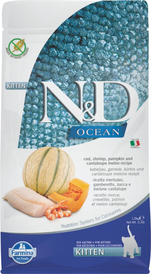 N&D Ocean Morina Peshk me Kungull dhe Karides pa Grurë për Kafshë të Vogla 1,5kg