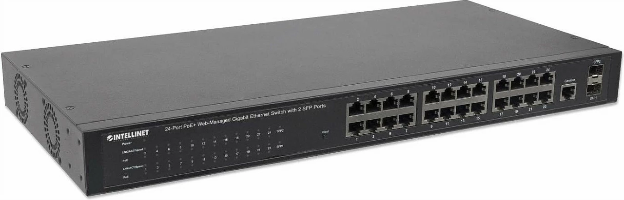 Switch Intellinet 560559, 24-Port Gigabit PoE+, Web-Managed, 2x SFP, 19" Rack, i zi