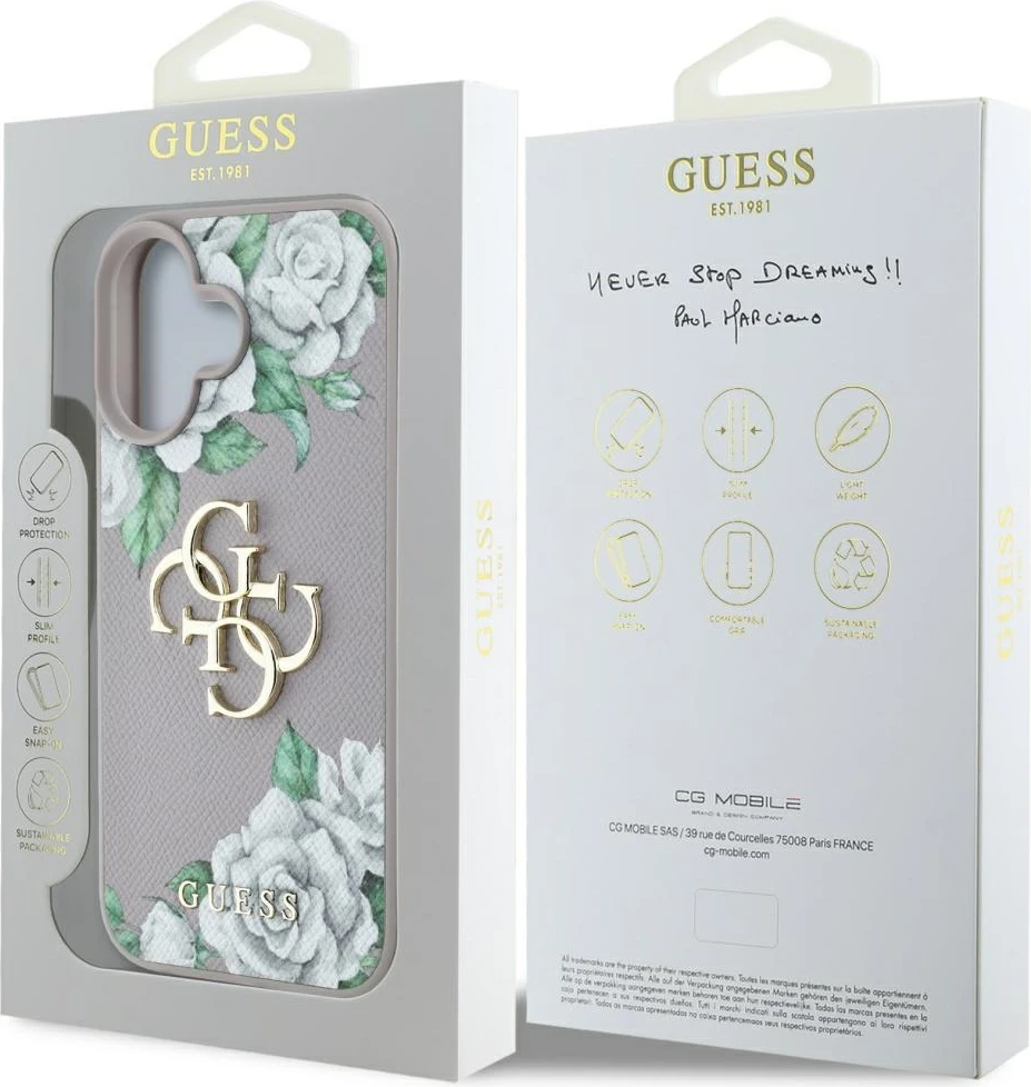 Mbështjellës Guess Grained Roses Big 4G Logo për iPhone 16, Vjollcë