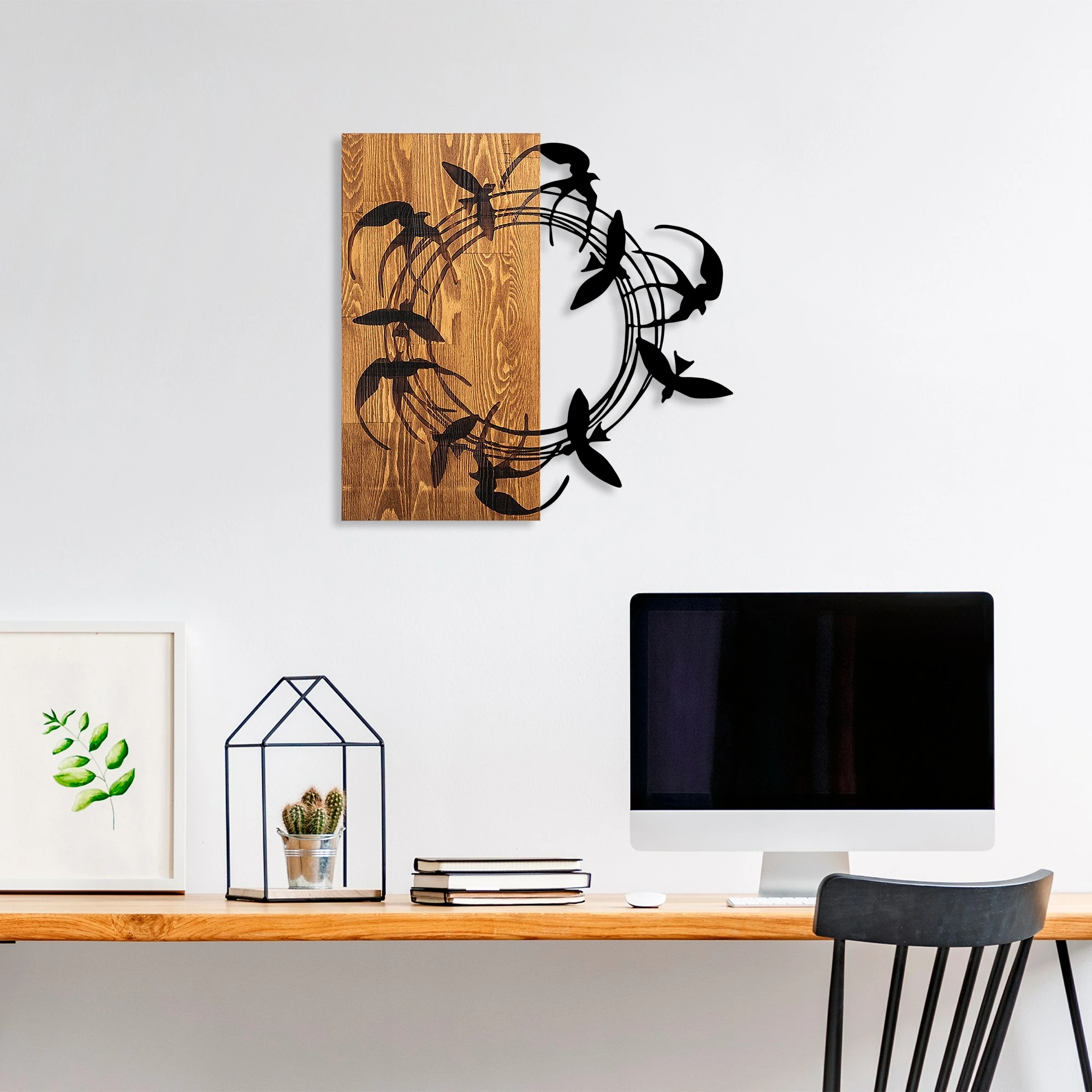 Aksesor dekorativ prej druri për mur, Spiral Birds 1, ngjyrë arre dhe e zezë, 58x58cm