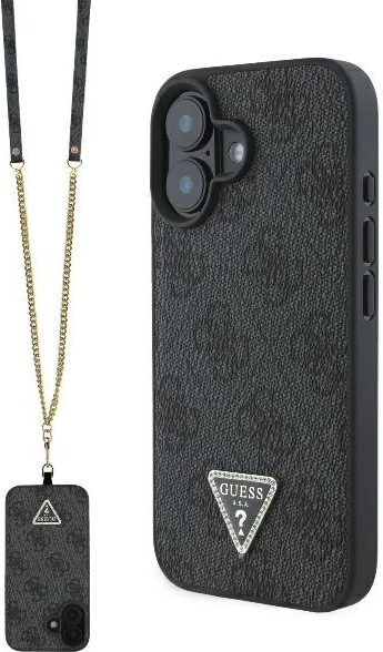 Mbështjellës Guess Crossbody 4G Metal Logo për iPhone 16, i zi, me rrip
