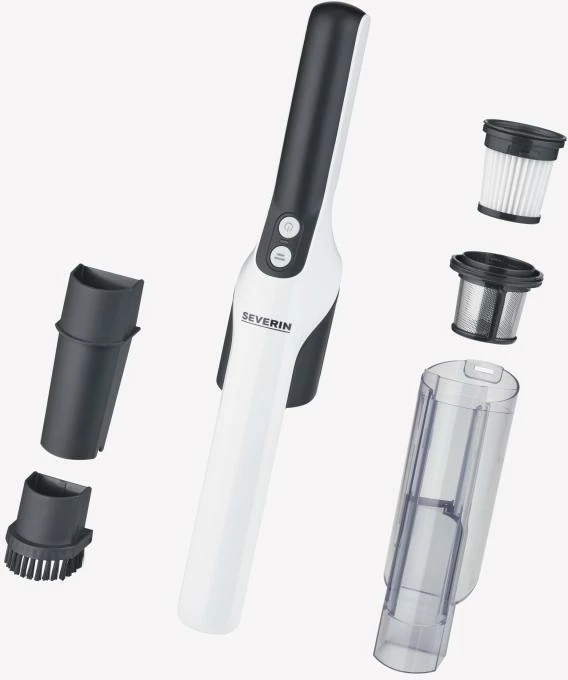 Fshesë dore pa kabllo, Severin HV 7140, motor digjital, deri 30 min autonomi, me grykë të ngushtë dhe furçë mobiljesh, bardh e zezë