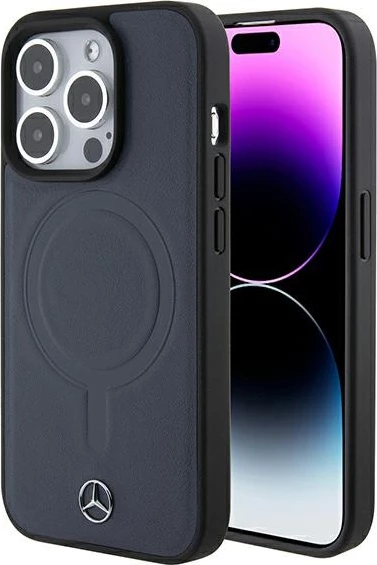 Mbështjellës Mercedes-Benz Smooth Leather MagSafe për iPhone 15 Pro 6.1", blu navy