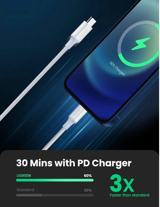Kabllo USB-C në Lightning UGREEN 60749 2m PD 3A MFi, Silver