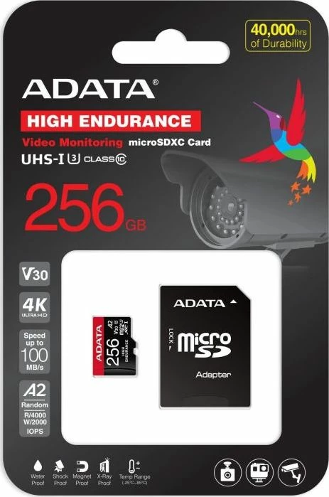 Kartelë memorje ADATA High Endurance microSDXC 256GB Class 10 UHS-I/U3 A2 V30 (AUSDX256GUI3V30SHA2-RA1), e zezë/kuqe, me adapter SD