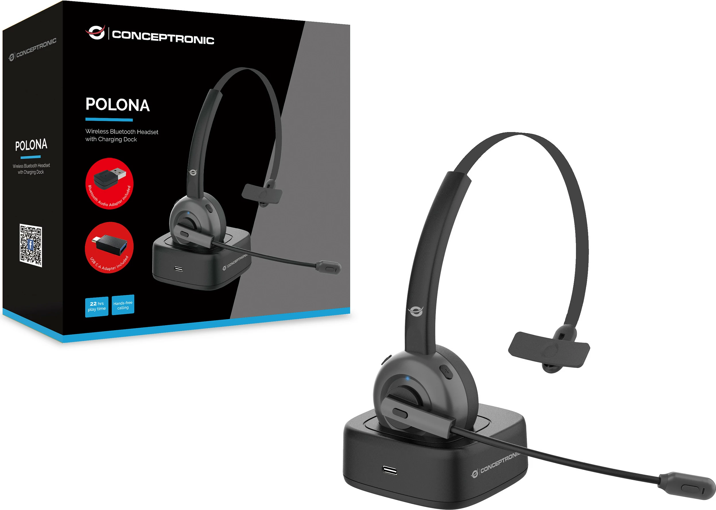 Kufje Bluetooth Conceptronic POLONA03, monaurale, me dok karikimi, 22h, të zeza